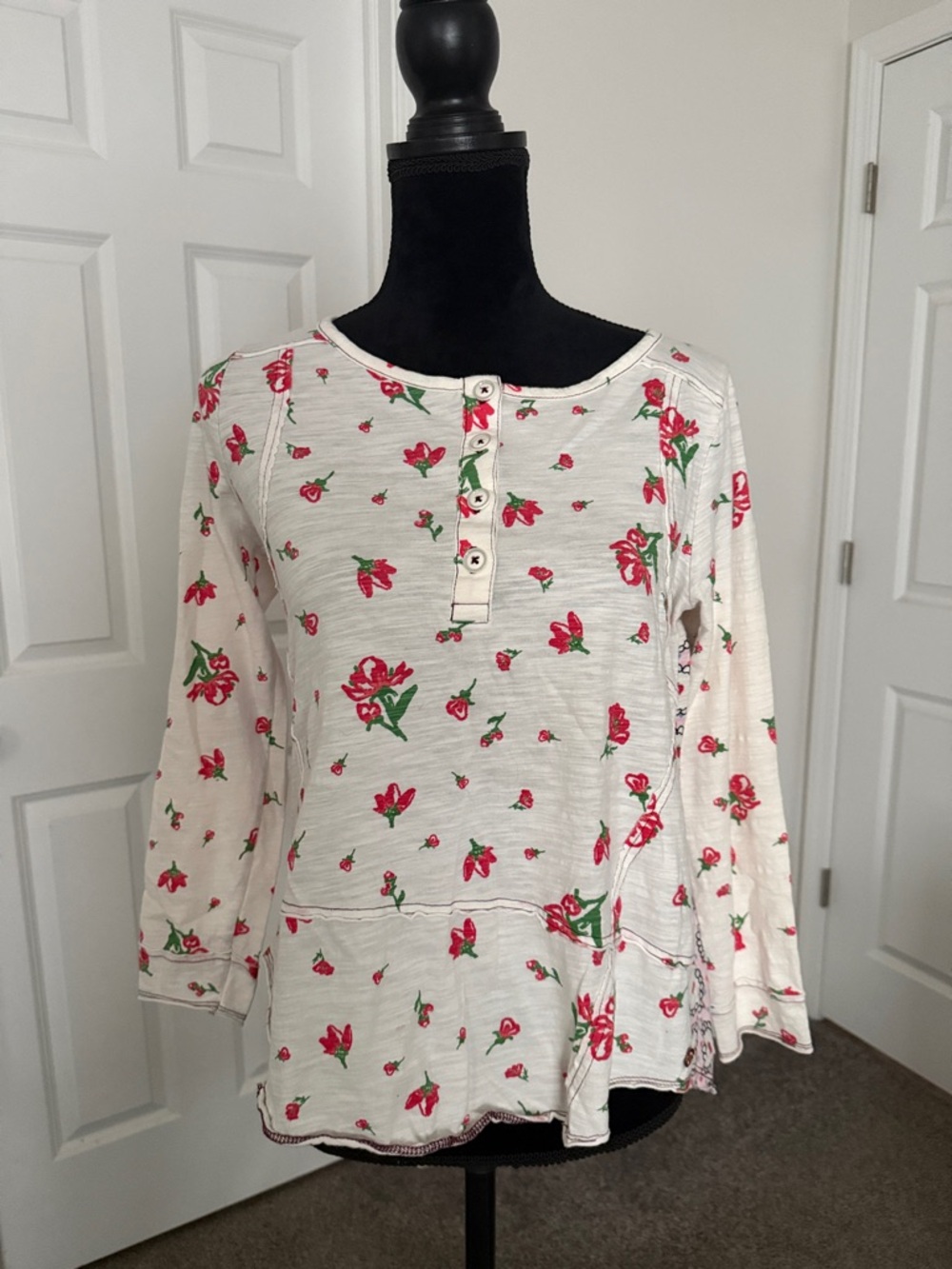 Womens Floral Henley Long-Sleeve Top - White with Pink Flowers